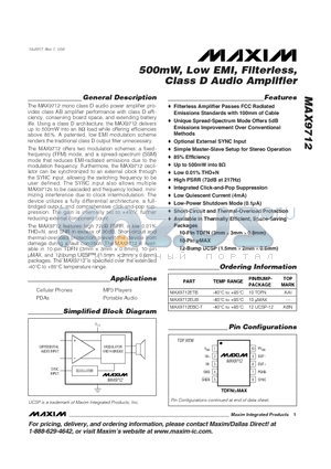 MAX9712ETB datasheet - 500mW, Low EMI, Filterless, Class D Audio Amplifier