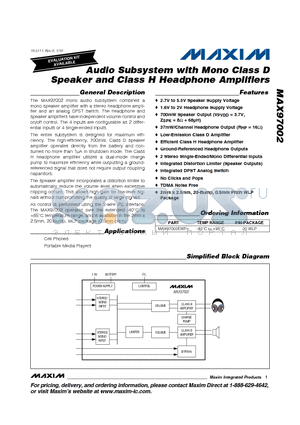 MAX97002EWP+ datasheet - Audio Subsystem with Mono Class D Speaker and Class H Headphone Amplifiers
