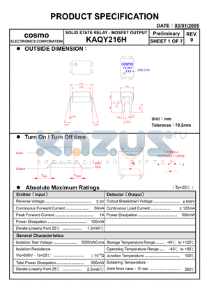 KAQY216H datasheet - SOLID STATE RELAY - MOSFET OUTPUT