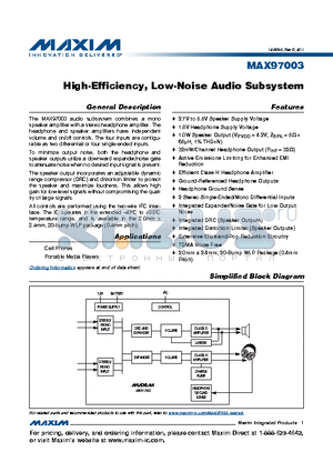 MAX97003 datasheet - High-Efficiency, Low-Noise Audio Subsystem