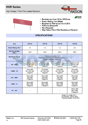 HVR25 datasheet - High Voltage / Thick Film Leaded Resistors