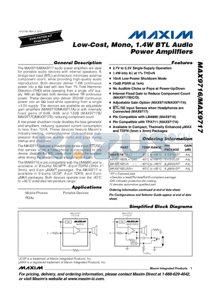 MAX9716 datasheet - Low-Cost, Mono, 1.4W BTL Audio Power Amplifiers