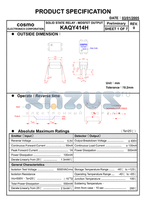 KAQY414H datasheet - SOLID STATE RELAY - MOSFET OUTPUT