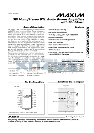 MAX9710 datasheet - 3W Mono/Stereo BTL Audio Power Amplifiers with Shutdown