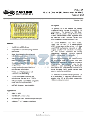 PX5419A datasheet - 12 x 3.6 Gb/s VCSEL Driver with ACJTAG