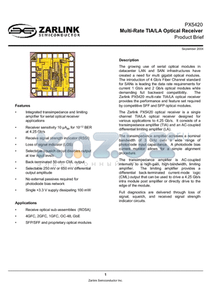 PX5420 datasheet - Multi-Rate TIA/LA Optical Receiver