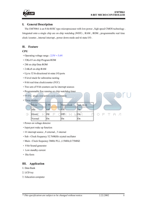 EM78861 datasheet - 8-BIT MOCRO-CONTROLLER