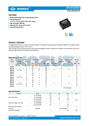 MFU104 datasheet - DC/DC CONVERTER 1W Miniature DIP-Package with Industry Standard Pinout