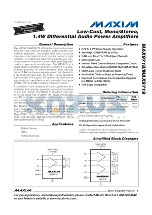 MAX9718 datasheet - Low-Cost, Mono/Stereo, 1.4W Differential Audio Power Amplifiers