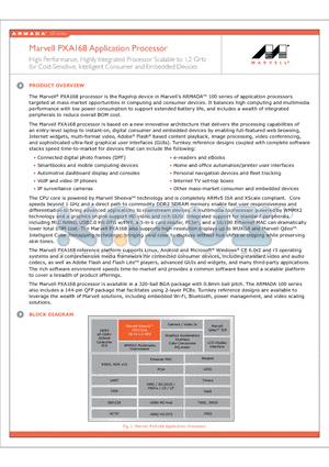 PXA168 datasheet - High Performance, Highly Integrated Processor Scalable to 1.2 GHz for Cost-Sensitive, Intelligent Consumer and Embedded Devices