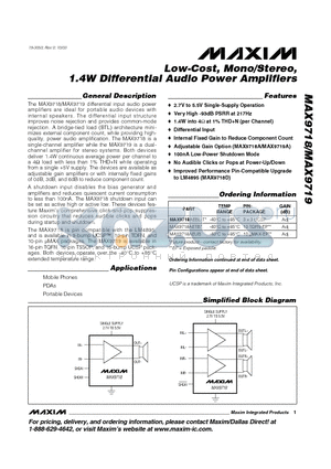 MAX9718CEBL-T datasheet - Low-Cost, Mono/Stereo,1.4W Differential Audio Power Amplifiers