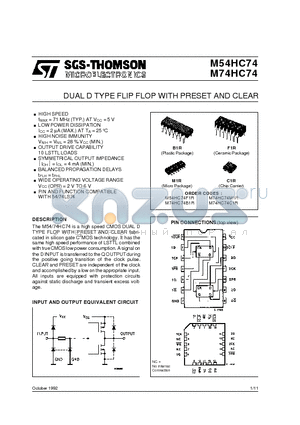 M54HC74 datasheet - DUAL D TYPE FLIP FLOP WITH PRESET AND CLEAR