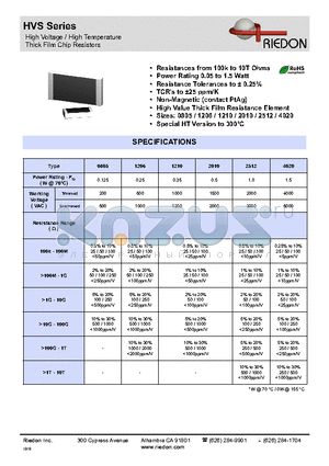 HVS1206 datasheet - High Voltage / High Temperature Thick Film Chip Resistors