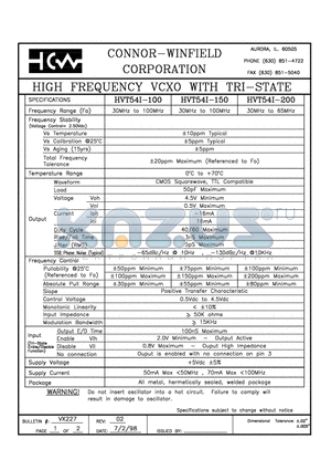 HVT54I-100 datasheet - HIGH FREQUENCY VCXO WITH TRI-STATE