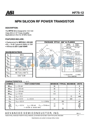 HF75-12 datasheet - NPN SILICON RF POWER TRANSISTOR