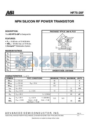 HF75-28F datasheet - NPN SILICON RF POWER TRANSISTOR