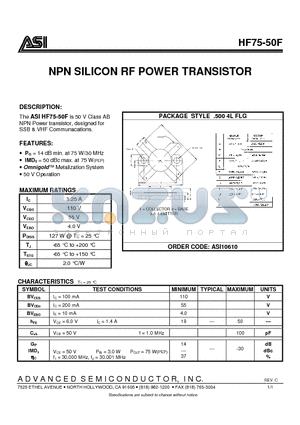 HF75-50F datasheet - NPN SILICON RF POWER TRANSISTOR