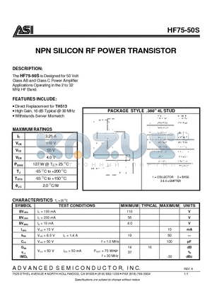 HF75-50S datasheet - NPN SILICON RF POWER TRANSISTOR