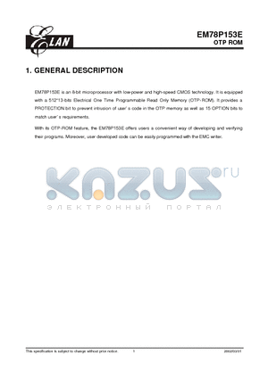 EM78P153EP datasheet - EM78P153E is an 8-bit microprocessor with low-power and high-speed CMOS technology