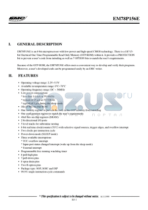 EM78P156E datasheet - 8-bit microprocessor with low-power and high-speed CMOS technology