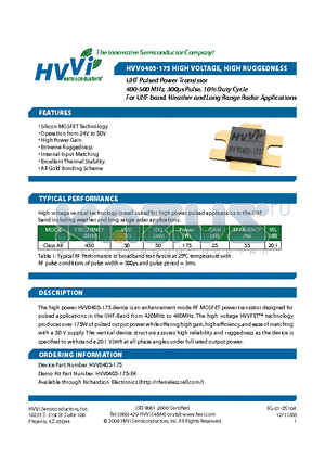 HVV0405-175 datasheet - UHF Pulsed Power Transistor 400-500 MHz, 300ls Pulse, 10% Duty Cycle For UHF band, Weather and Long Range Radar Applications
