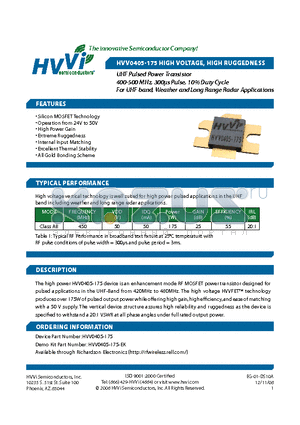 HVV0405-175-EK datasheet - UHF Pulsed Power Transistor 400-500 MHz, 300ls Pulse, 10% Duty Cycle For UHF band, Weather and Long Range Radar Applications