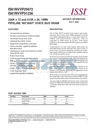 IS61NVVP25672-250BI datasheet - 256K x 72 and 512K x 36, 18Mb PIPELINE (NO WAIT) STATE BUS SRAM