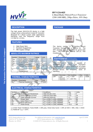 HVV1214-025S datasheet - L-Band Radar Pulsed Power Transistor 1200-1400 MHz, 200ls Pulse, 10% Duty
