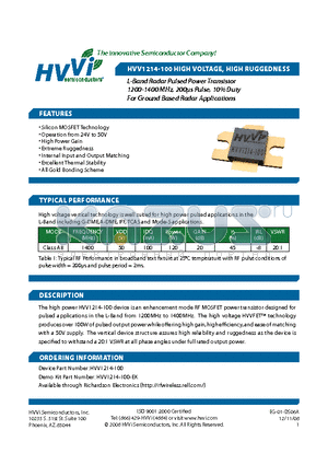 HVV1214-100 datasheet - L-Band Radar Pulsed Power Transistor 1200-1400 MHz, 200ls Pulse, 10% Duty For Ground Based Radar Applications