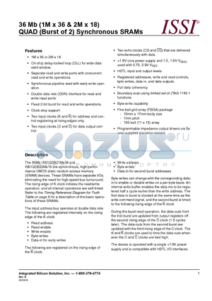 IS61QDB21M36-250M3 datasheet - 36 Mb (1M x 36 & 2M x 18) QUAD (Burst of 2) Synchronous SRAMs