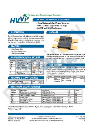 HVV1012-100 datasheet - L-Band Avionics Pulsed Power Transistor 1025-1150MHz, 10ls Pulse, 1% Duty for DME and TCAS Applications