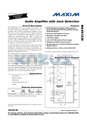 MAX97236EWA datasheet - Audio Amplifier with Jack Detection 25-Bump, 2.4mm x 2.3mm, 0.4mm Pitch WLP