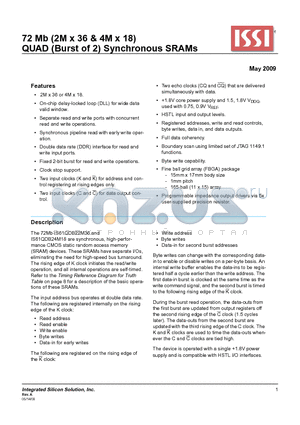 IS61QDB22M36-250M3 datasheet - 72 Mb (2M x 36 & 4M x 18) QUAD (Burst of 2) Synchronous SRAMs