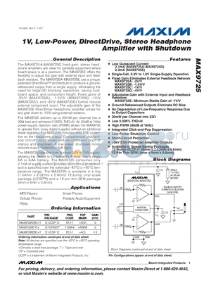 MAX9725AETC+ datasheet - 1V, Low-Power, DirectDrive, Stereo Headphone Amplifier with Shutdown