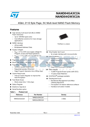 NAND04GA3C2A datasheet - 4Gbit, 2112 Byte Page, 3V, Multi-level NAND Flash Memory