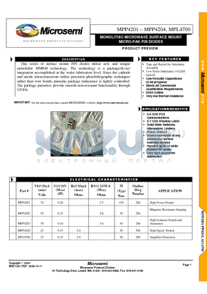 MPP4202 datasheet - MONOLITHIC MICROWAVE SURFACE MOUNT MICRO-PAK PIN DIODES