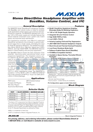 MAX9723 datasheet - Stereo DirectDrive Headphone Amplifier with BassMax, Volume Control, and I2C