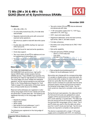 IS61QDB44M18-250M3L datasheet - 72 Mb (2M x 36 & 4M x 18) QUAD (Burst of 4) Synchronous SRAMs