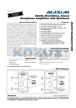 MAX9728AETC+ datasheet - 60mW, DirectDrive, Stereo Headphone Amplifiers with Shutdown