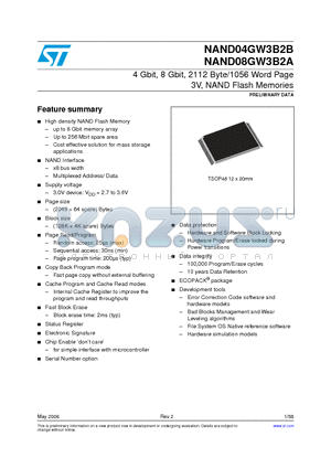 NAND04GW3B2B datasheet - 4 Gbit, 8 Gbit, 2112 Byte/1056 Word Page 3V, NAND Flash Memories