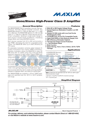 MAX9736BETJ+ datasheet - Mono/Stereo High-Power Class D Amplifier