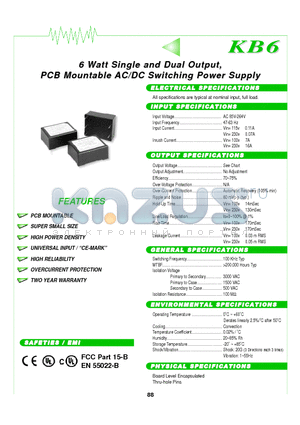 KB06-122D datasheet - 6 Watttt Siinglle and Duall Outtputt, PCB Mounttablle AC//DC Swiittchiing Powerr Supplly