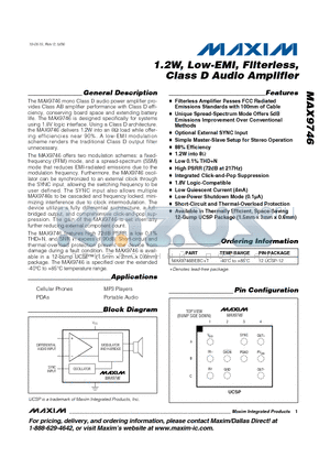 MAX9746 datasheet - 1.2W, Low-EMI, Filterless, Class D Audio Amplifier