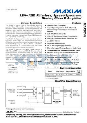 MAX9741ETN datasheet - 12W12W, Filterless, Spread-Spectrum, Stereo, Class D Amplifier