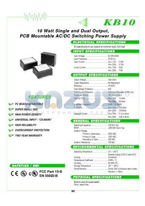 KB10-122D datasheet - 10 Watttt Siinglle and Duall Outtputt, PCB Mounttablle AC//DC Swiittchiing Powerr Supplly