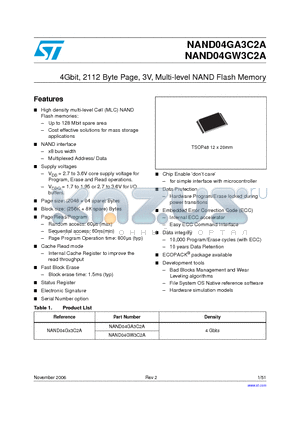 NAND04GW3C2A datasheet - 4Gbit, 2112 Byte Page, 3V, Multi-level NAND Flash Memory