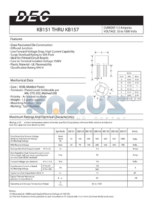 KB153 datasheet - CURRENT 1.5 Amperes VOLTAGE 50 to 1000 Volts