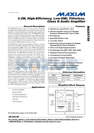 MAX9759 datasheet - 3.2W, High-Efficiency, Low-EMI, Filterless, Class D Audio Amplifier