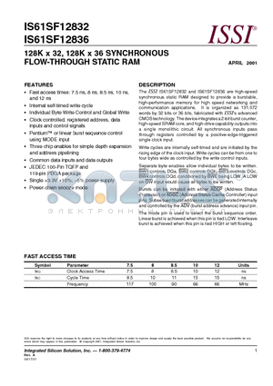 IS61SF12832-7.5B datasheet - 128K x 32, 128K x 36 SYNCHRONOUS FLOW-THROUGH STATIC RAM