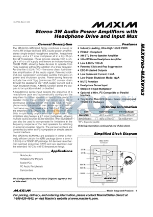 MAX9760ETI datasheet - Stereo 3W Audio Power Amplifiers with Headphone Drive and Input Mux